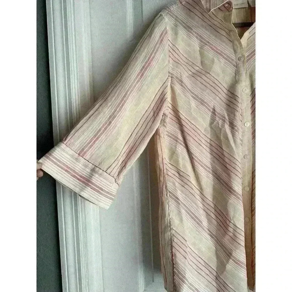 CHICO'S No Iron 100% Linen Top Size 2 M L White Orange Striped - Picture 2 of 10